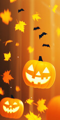 Vertical orange gradient halloween background with smiling jack o lantern and maple leaf