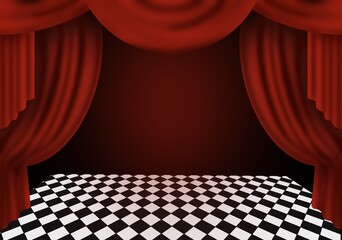 Red curtain ready to open, performance background, checkerboard stage, circus show, theater, on stage background, event invitation, show, carnival card, party, hand drawn on transparent background. © 7nov.studio