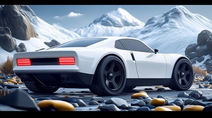 A sleek white sports car parked on rocky terrain with a stunning mountain backdrop, showcasing modern design and adventure spirit.