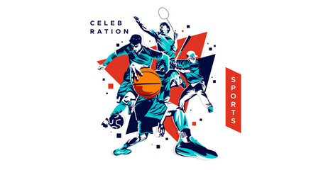 A collection of characters from basketball, soccer, badminton and base ball athletes. Design elements with a sports concept, celebrating national sports day. Sports athlete silhouette