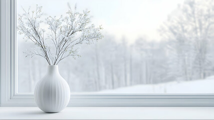 Fototapeta premium White windowsill with view of snowy landscape, Vase on windowsill background