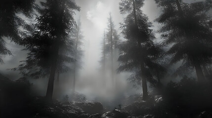 Fototapeta premium A black and white photo of a forest with fog