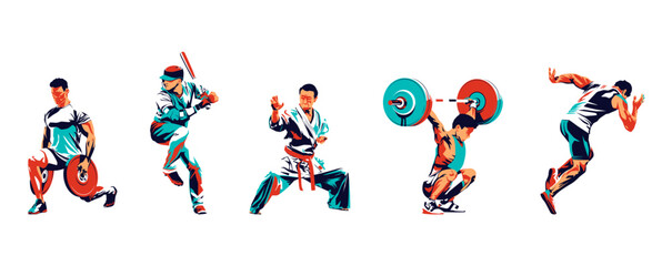 a collection of characters from national championship sports athletes, pencak silat, weightlifters, runners and base ball players. Abstract silhouette style isolated white background. Sports Day
