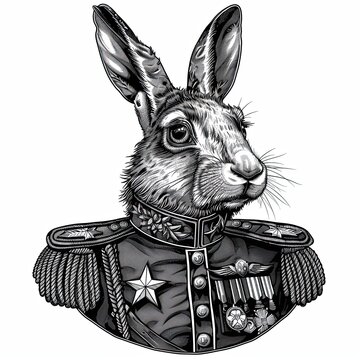 Close-up of a rabbit or hare face in a military tunic with many combat awards. Animalism. Anthopomorphic creature. Imitation sketch print in black and white coloring. Illustration for cover or print.