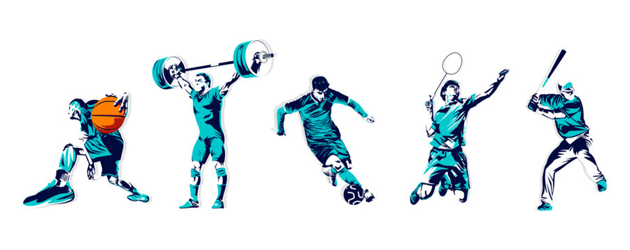 A collection of characters from basketball, weightlifting, soccer, badminton and base ball athletes. Design elements with a sports concept, celebrating national sports day. Sports athlete silhouette
