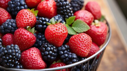 Fototapeta premium On the table in a deep white bowl fresh berry mix of strawberries, raspberries, blackberries, blueberries. Fruit background. Food ecology and agriculture. Illustration for advertising, marketing, etc.