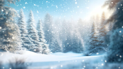 Naklejka premium blur white snow and pine forest winter background. Christmas and new year backdrop for festive seasonal decoration