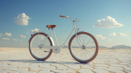 Fototapeta premium A stylish white bicycle stands on a cracked desert landscape under a bright blue sky and soft clouds.