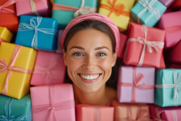 Happy woman lying among colorful gift boxes