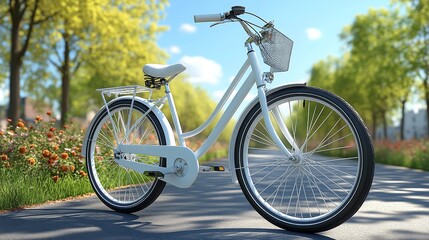 Fototapeta premium A stylish white bicycle parked on a sunny path surrounded by lush green trees and blooming flowers, perfect for outdoor adventures.