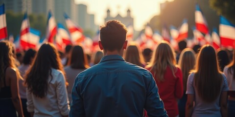 A diverse crowd of supporters during an American election rally, showcasing patriotism with flags in a vibrant sunset atmosphere.