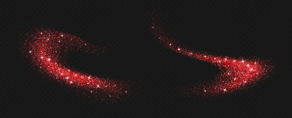 Red glitter splashes, shiny star dust explosion, shimmer spray effect, festive holiday particles isolated on a dark background. Vector illustration. Christmas decoration.