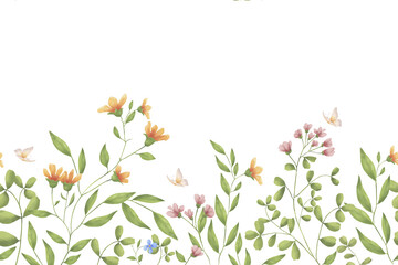 Meadow flowers and leaves on horizontal border. Watercolor digital illustration. Light wild flowers grow on seamless pattern, isolated on background. Pink and yellow watercolor flowers and fragile