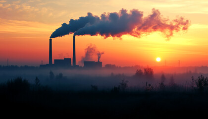 Silhouette of a city under global warming effect. Seeing the pollution from the chimney and smog all around the city.