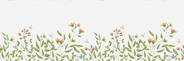Meadow flowers and leaves on horizontal border. Watercolor digital illustration. Light wild flowers grow on seamless pattern, isolated on background. Pink and yellow watercolor flowers and fragile