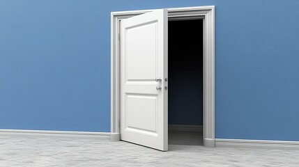 A white door opening into a dark room, set against a blue wall. Perfect for themes of mystery and opportunity.