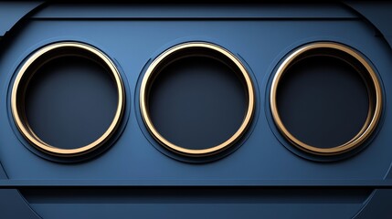 Fototapeta premium Abstract design featuring three circular elements with gold trim on a deep blue backdrop, ideal for modern decor or backgrounds.