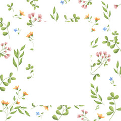 Light meadow flowers and green leaves grow on the frame. Watercolor digital illustration. Cute floral pattern, isolated on white background. Watercolor flowers and fragile leaves and twigs