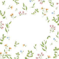 Light meadow flowers and green leaves grow on the frame. Watercolor digital illustration. Cute floral pattern, isolated on white background. Watercolor flowers and fragile leaves and twigs