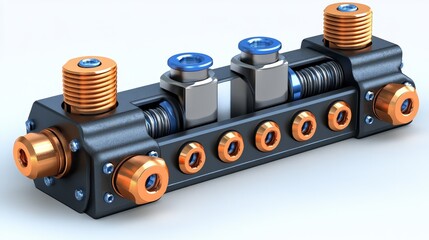 Close-up of a hydraulic valve block featuring intricate design and metallic finish, ideal for engineering and industrial applications.