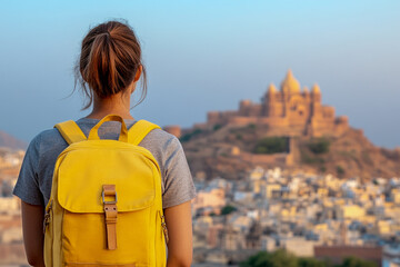 Traveler with Yellow Backpack Viewing Distant Fort