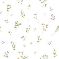 Light meadow flowers and green leaves grow on a seamless pattern. Watercolor digital illustration. Cute flower meadow, isolated on a dark background. Wild flowers and fragile leaves and twigs