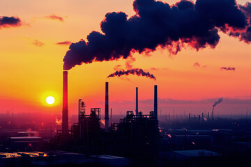 Obraz premium Silhouette of a city under global warming effect. Seeing the pollution from the chimney and smog all around the city.