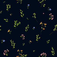 Light meadow flowers and green leaves grow on a seamless pattern. Watercolor digital illustration. Cute flower meadow, isolated on a dark background. Wild flowers and fragile leaves and twigs