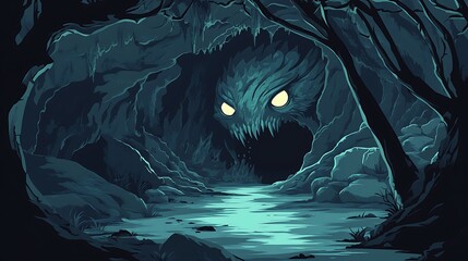 A monstrous creature lurks in a shadowy cave entrance.