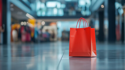 Naklejka premium Shopping bag on the background of the store, Sale, discounts, Black Friday, Shopping spree, In-store promotion