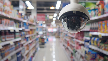 Fototapeta premium Close-up of a security camera in a retail store, highlighting surveillance and theft prevention