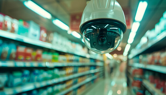 Close-up of a security camera in a retail store, highlighting surveillance and theft prevention