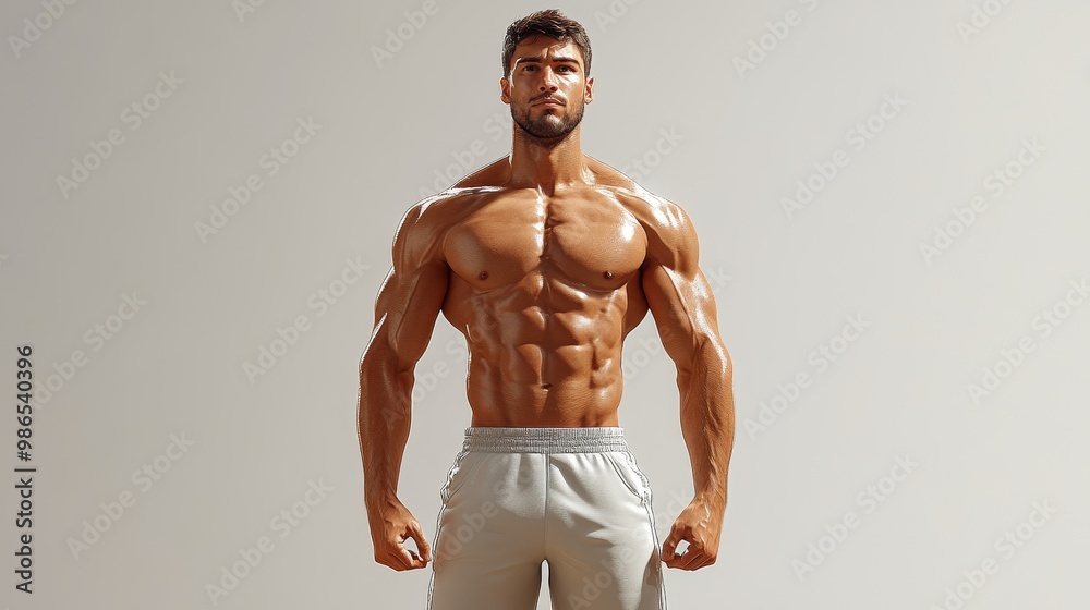 Wall mural fit man showcasing muscular physique and strength, standing confidently with a powerful stance and i