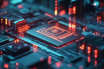 Obraz premium A Close-Up of a Futuristic Motherboard with a Red Glowing Chip