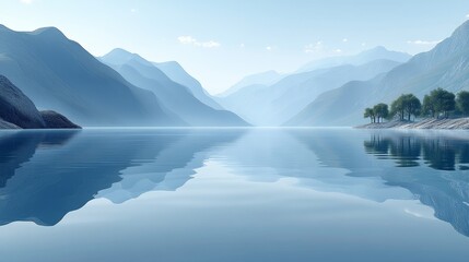 Obraz premium Serene mountain landscape featuring still water and gentle reflections, evoking peace and tranquility in nature.