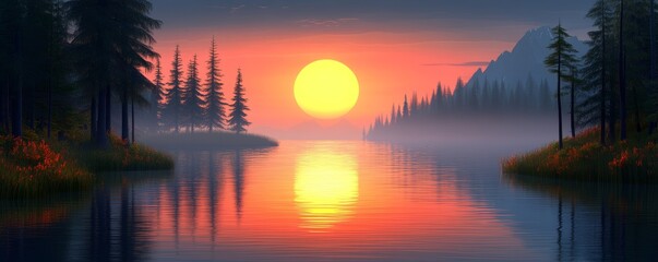 Fototapeta premium Stunning sunset landscape with vibrant colors reflecting on calm water surrounded by evergreen trees and misty mountains.