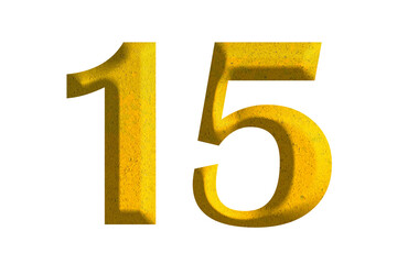 3d golden number 15, isolated on transparent background