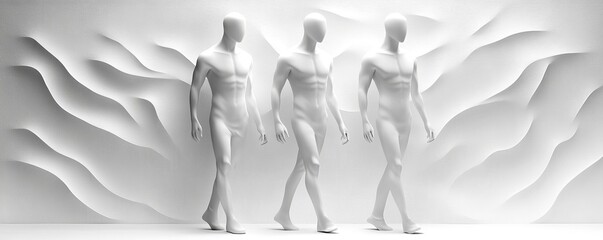 Obraz premium Three abstract figures walk against a textured white backdrop, embodying movement and creativity in a minimalist design.