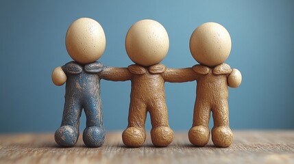 Obraz premium Three clay figurines representing friendship and connection on a wooden surface against a blue background.