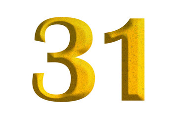 3d golden number 31, isolated on transparent background