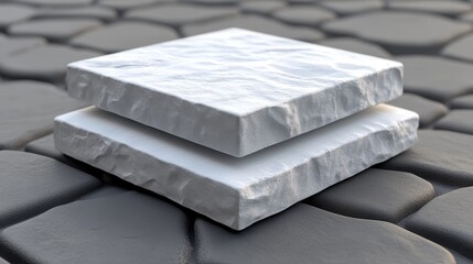 Two textured white tiles stacked on a dark surface, showcasing modern design and artistic craftsmanship perfect for home decor.