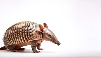 Fototapeta premium banded Armadillo - Dasypus novemcinctus - long nosed armadillo, is a medium sized mammal, walking side ways looking towards camera. Isolated on white background with copy space