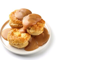 Fototapeta premium Soft dough Biscuits and white sawmill gravy is a popular breakfast dish in the south eastern United States. made from the drippings of cooked pork sausage, flour, milk, and sausage. Isolated on white