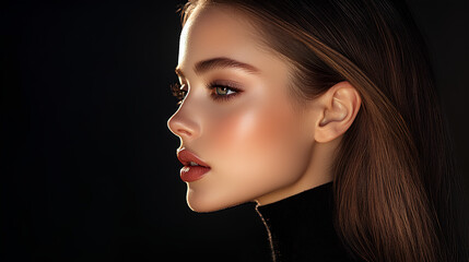 Fototapeta premium Beautiful Woman Profile Portrait with Long Brown Hair