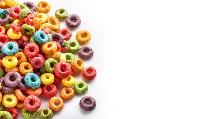 Dry Whole Grain fruit flavored breakfast Cereal rings isolated on white background with copy space. Breakfast with milk pouring. Healthy eating concept