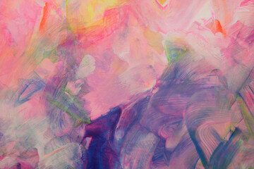 Art Oil and Acrylic hand drawn brushstroke smear blot painting wall. Abstract texture bright neon rainbow pastel color stain background.