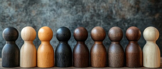 Variety of wooden figurines arranged in a row on a textured backdrop showcasing diverse shapes and colors