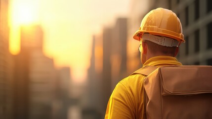 A construction worker in a yellow helmet stands against a sunset-lit cityscape.
