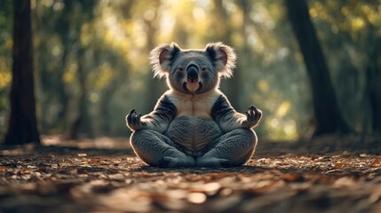 In a tranquil forest setting, a koala sits cross-legged, eyes closed, embracing mindfulness amidst towering eucalyptus trees and a soft, dappled light filtering through the leaves
