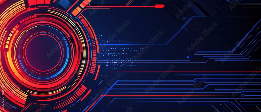 Poster abstract futuristic technology background with glowing lines and circular patterns in vivid colors.